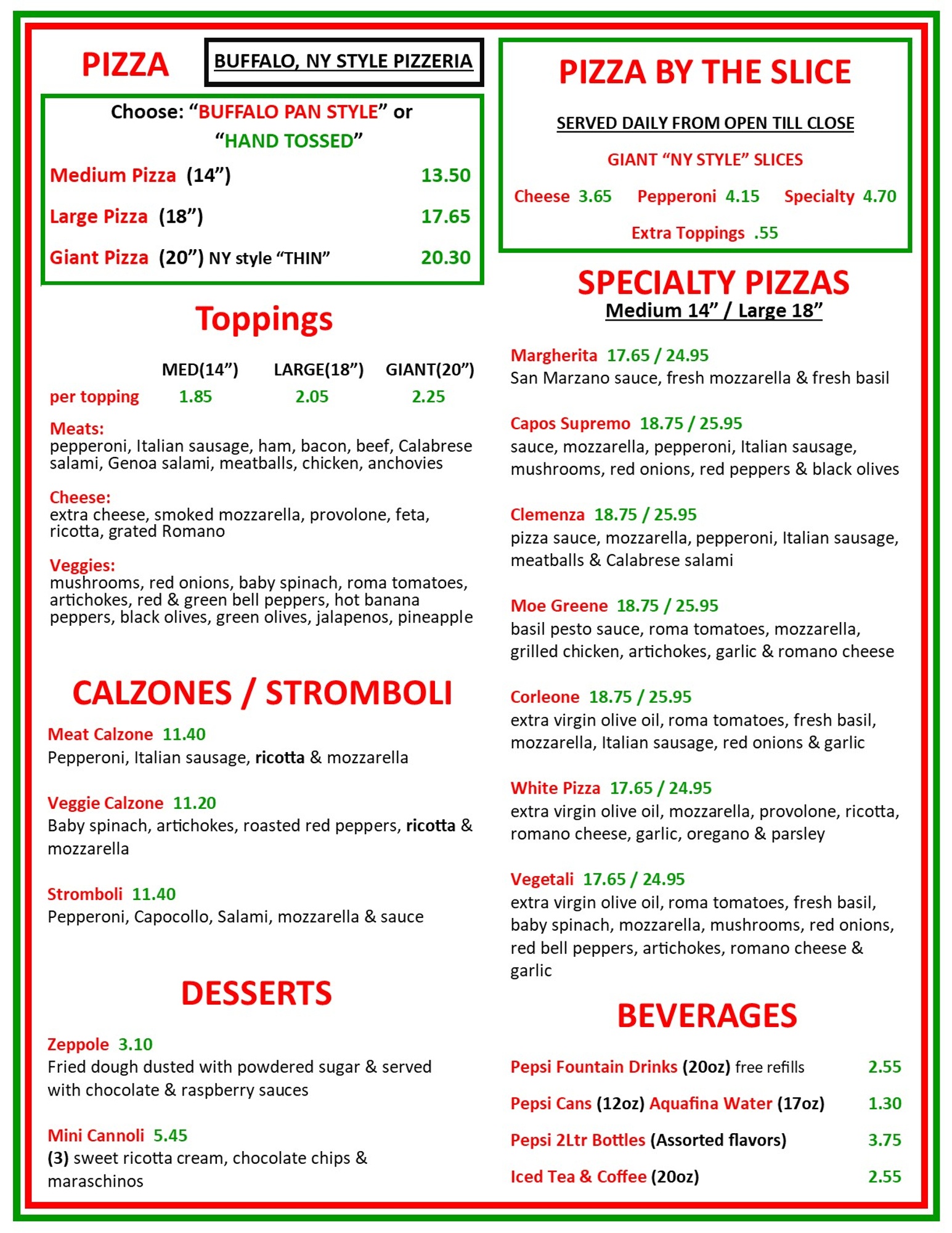 Capos Pizza Texas Menu